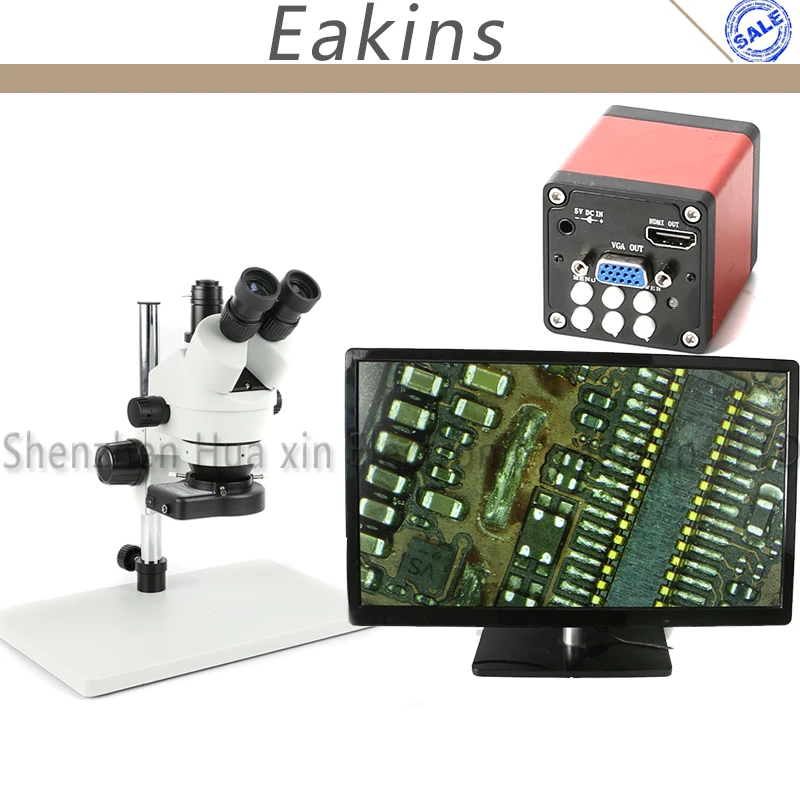 

Simul Focal Trinocular Stereo Microscope 7X - 45X Continuous Zoom Magnification + 720P 13MP VGA HDMI Video Camera + 144 LED