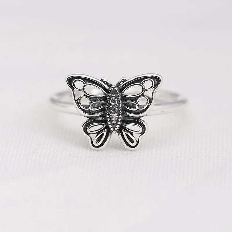 

Genuine 925 Sterling Silver Openwork butterfly silver ring Clear CZ Ring Compatible with European Jewelry