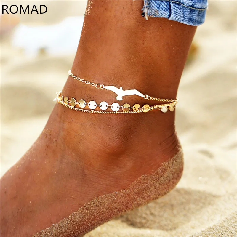 ROMAD 3pcs/set Bohemian Seagull Sequins Anklets For Women Gold Color Anklet on the Leg Beach Foot Ankle Bracelet R4 ROMAD 3pcs/set Bohemian Seagull Sequins Anklets For Women Gold Color Anklet on the Leg Beach Foot Ankle Bracelet R4