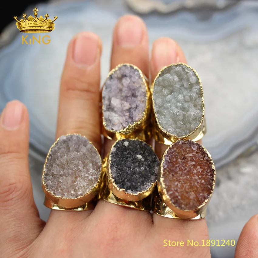 

5pcs Random Druzy Color sale Fashion Rings,Natural Drusy Achate Electroplated Gold Copper Boho Rings for Men Birthday Gifts YT57