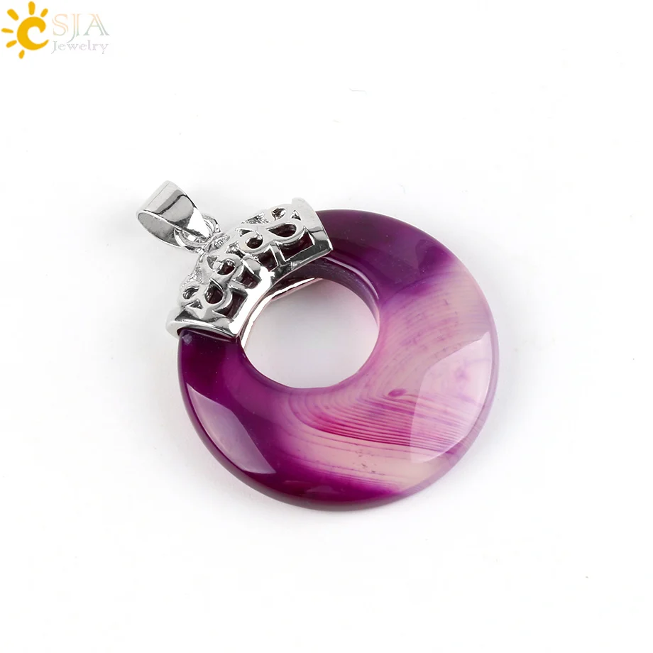 CSJA натуральный драгоценный камень бусины для женщин и мужчин подвески для ожерелья полые круглые veins onyx кристалл тигровый глаз рейки DIY Ювелирные изделия E517 - Окраска металла: Purple Veins Agte