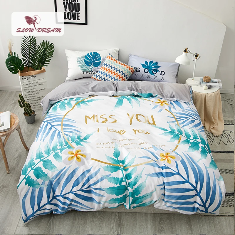 

SlowDream Nordic Leaf Bedding Set Gray Bed Linens 100% Cotton Bed Flat Sheet Fitted Sheet Pillowcase Bedclothes Adult Bedspread