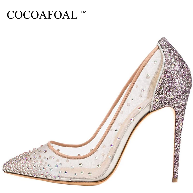 

COCOAFOAL Woman Transparent Rhinestone Sandals Pumps Plus Size Sexy Glitter High Heels Shoes Stiletto Clear Heels Wedding Pumps