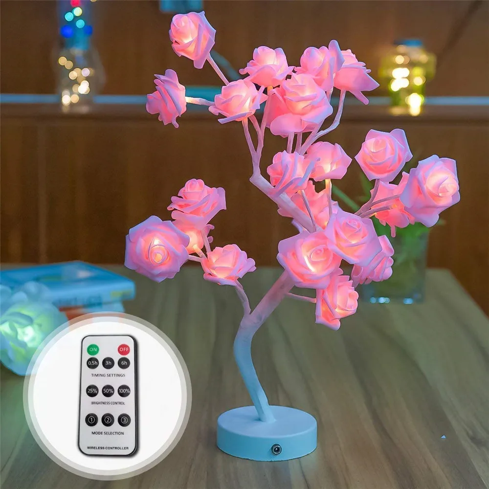 Светодиодная настольная лампа с розами и деревом на батарейках или с питанием от USB, новинка, светильник в помещении, романтическое украшение для фойе, спальни