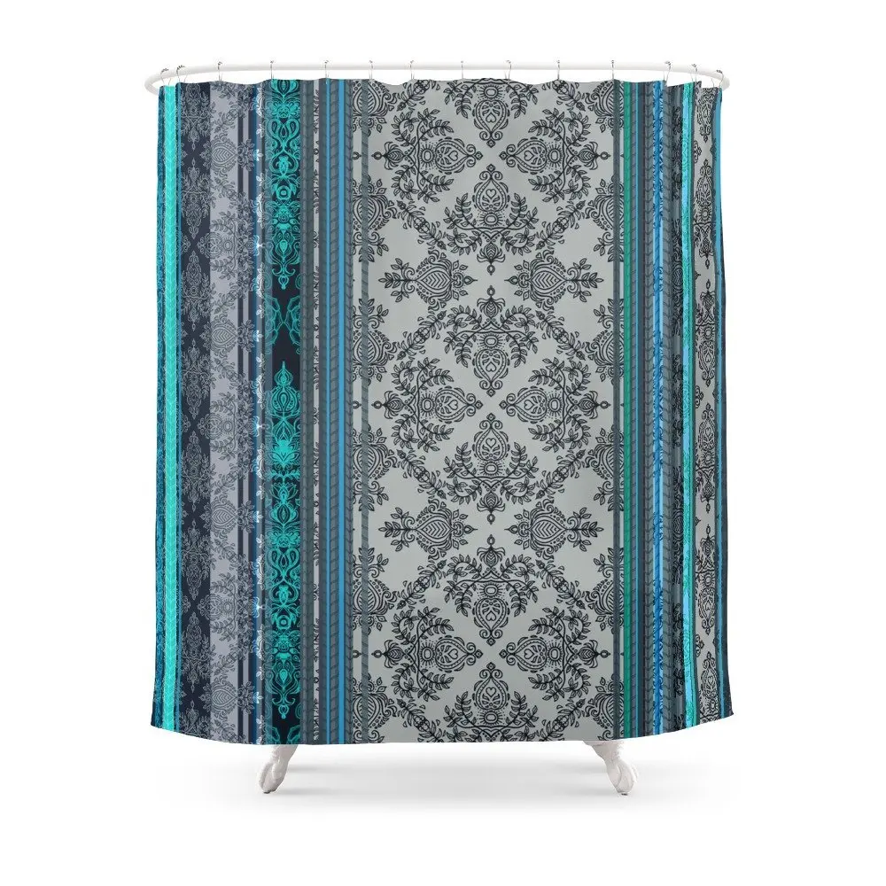 Teal, Aqua & Grey Vintage Bohemian Wallpaper Stripes Shower Curtain Set