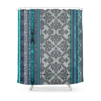 

Teal, Aqua & Grey Vintage Bohemian Wallpaper Stripes Shower Curtain Set Waterproof Fabric For Bathroom With Floor Mat