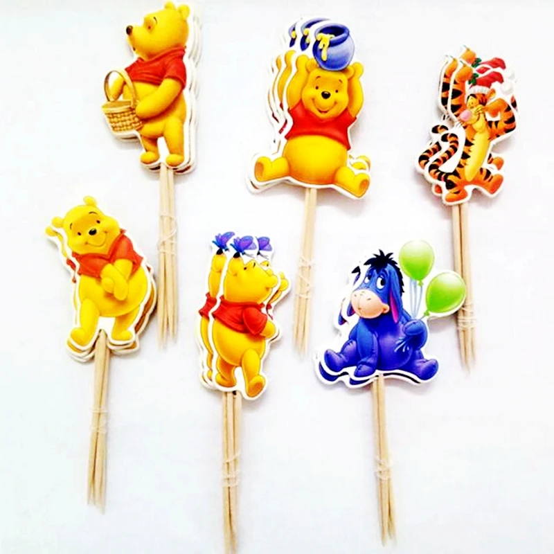 

96pcs Tiger Bear Winnie the Pooh Donkey Cupcake Toppers Picks Cartoon Kids Birthday Party Wedding Decoration Supplies cake flag