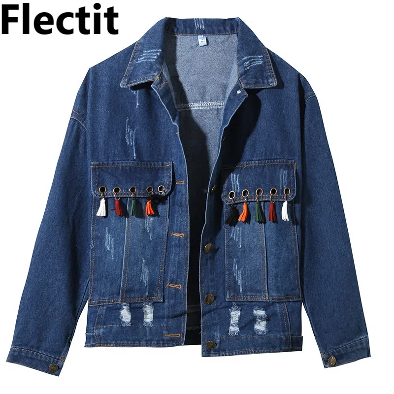 

Flectit Autumn Distressed Denim Trucker Jacket Jean Jacket Women Bomber Frayed Single Breasted Tassel Coat Female Streetwear