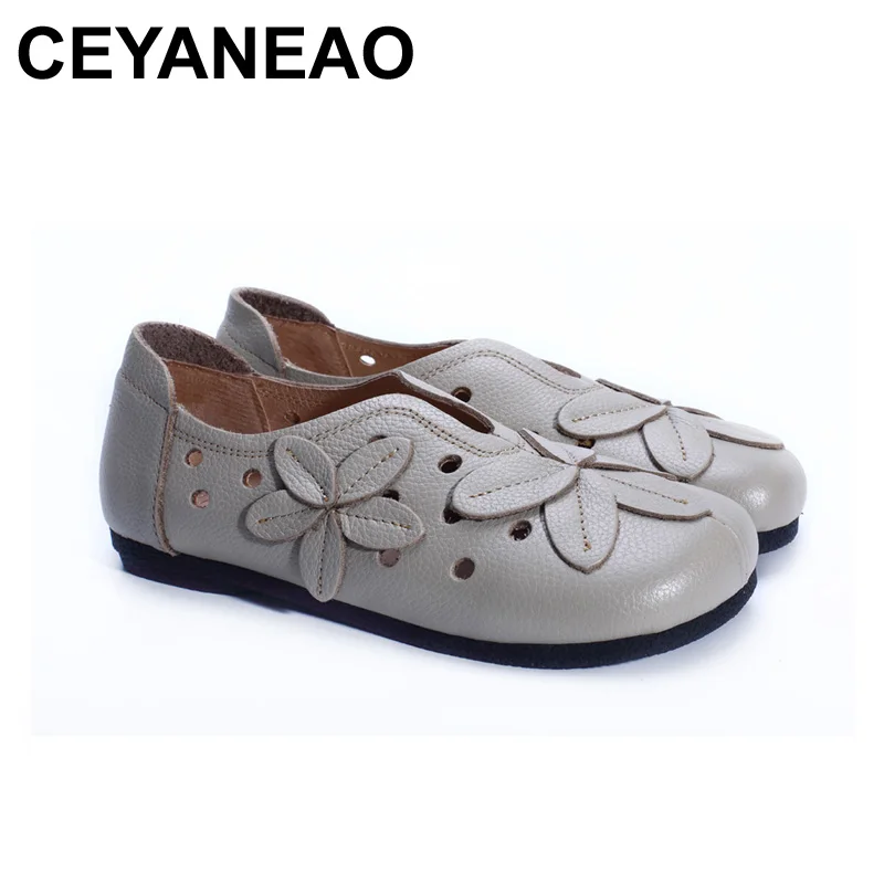 

CEYANEAO Women's Shoes Flat Hollow out Summer Shoes 100% Genuine Leather Square Toe Slip on Flat Shoes Casual Female Footwear