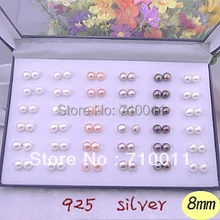 Фабрика- дешевые изысканные женские 925 серебро натуральный пресноводный жемчуг шар декоративные кнопки серьги, 36 пар/лот