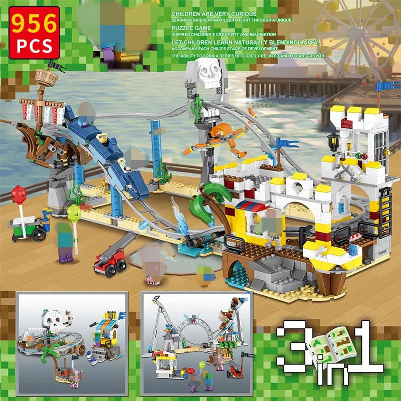 

956pcs 3in1 minecrafted Pirates Roller Coaster Assemble Model Building Blocks Bricks Set Educational Toys Gifts for Boys