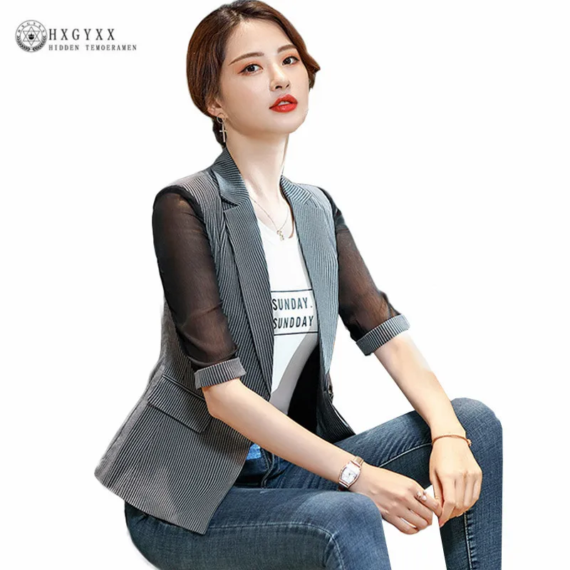 

Mesh Patchwork Half Sleeve Summer Blazer Women Suit Jacket 2019 Single Button OL Fashion Blazers Ladies Outwear Plus Size B118