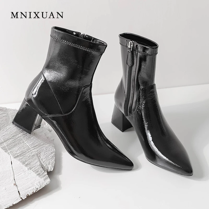 

MNIXUAN Handmade office women shoes ankle boots 2018 winter new patent leather pointed toe thick high heels zipper short boots
