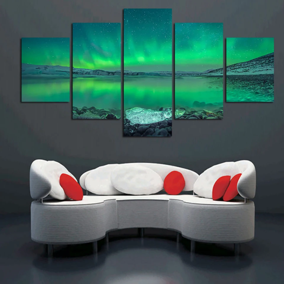 Доски настенные картины Картины модульная Холст 5 PiecePcs Aurora Borealis озеро