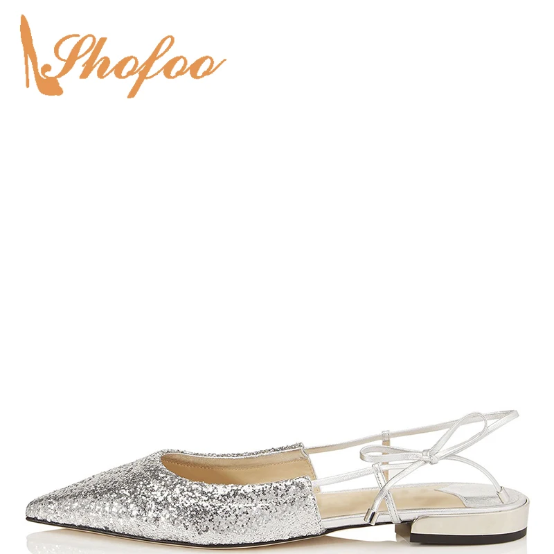 

Sequined Cloth Slingbacks Pumps Woman Butterfly-Knot Pointed Toe Party Lace Up Large Mature size 11 15 Ladies Dress Party Shoes