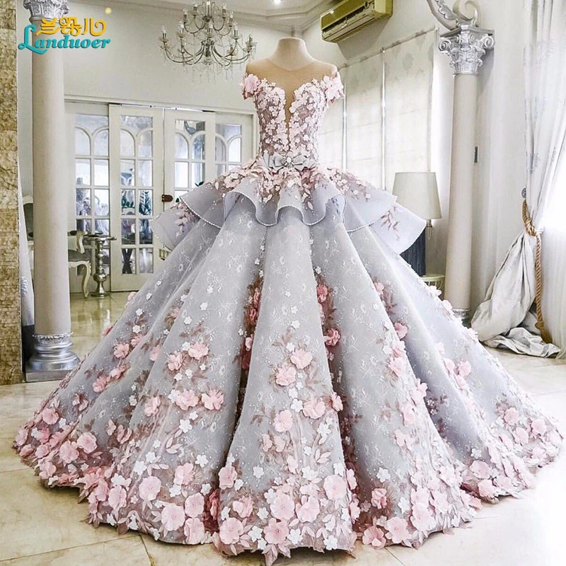2017 Новый Cap Рукавом цветы Свадебное Платье Бальное платье Backless Свадебные Платья de