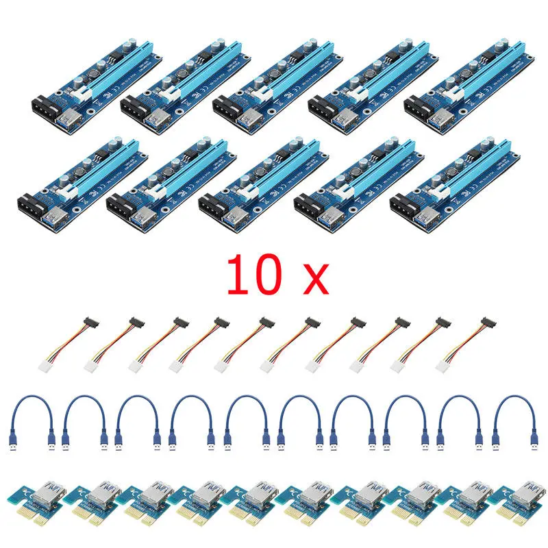 

10pcs PCI-E 1x to 16x Riser Mining Card PCI Express Miner Extender Card SATA 15Pin 4Pin PCIE Power Adapter For BTC