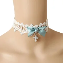 Ручной работы женский синий бант галстук Серебряный Кристалл Крест Цветочный белый кружево чокер короткое ожерелье воротник Лолита Свадебный Викторианский