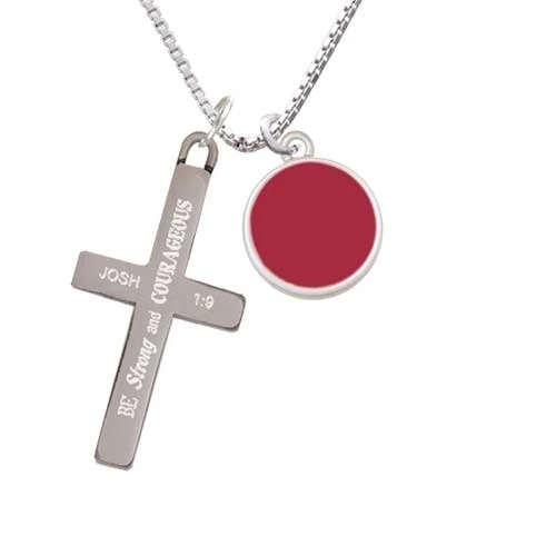 Small Maroon Enamel Disc - Strong and Courageous - Cross Necklace (1)