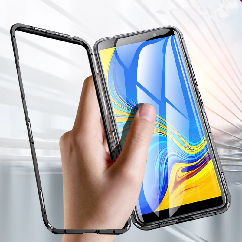 

For Samsung M20 M30 J4 J4Plus J6 A7 2018 A9 2018 C7 S10 S10 Plus Metal Tempered Glass Back Magnetic Absorption Case Cover.