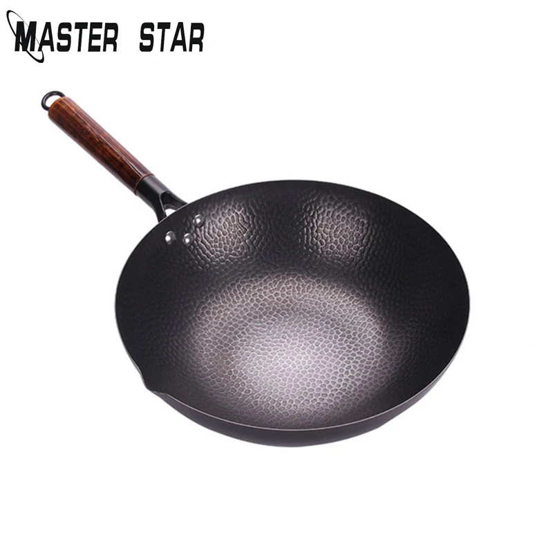 Master Star 32 см кованые чугунные воки Рамадана для кухонной посуды с антипригарным покрытием общего назначения для индукционной плиты - Цвет: Черный