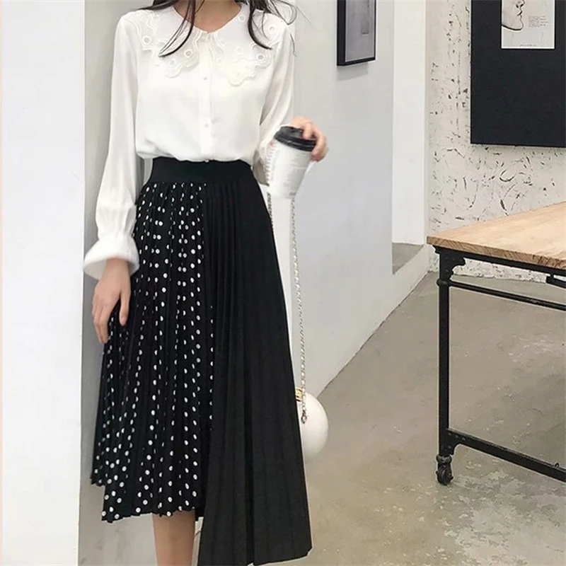 

Asymmetry Skirts Womens Midi Pleated Skirt Polka Dot Women 2019 Spring Summer Korean Elastic High Waist Patchwork Tutu Skirt