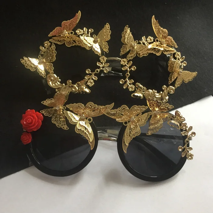 Популярные Модные Винтажные золотые солнцезащитные очки-бабочки в стиле барокко с розами, роскошные солнцезащитные очки с кристаллами, солнцезащитные очки-бабочки