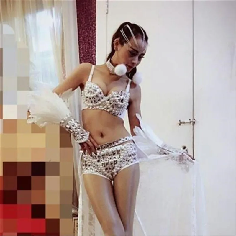 (Бюстгальтер + шорты + плащ) белый бриллиант сексуальный комбинезон боди костюмы DJ ночной клуб бар DS мода певица танцор Производительность
