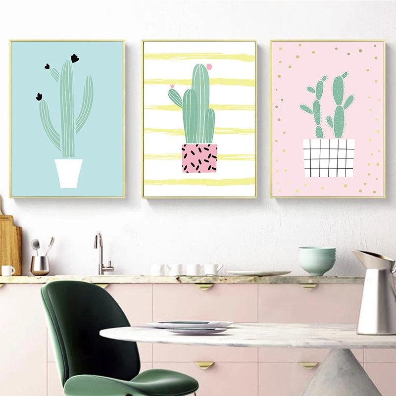 Fresh Plant Green Yellow Pink Cactus A2 A3 A4 Canvas Painting Art Abstract Print Poster Picture Wall Living Room Home Decoration | Дом и сад