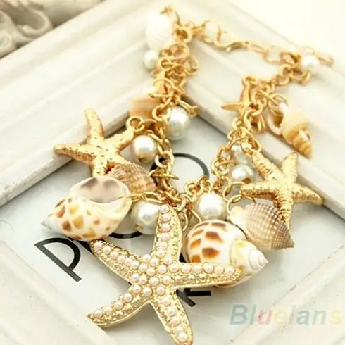 

Ocean Style Multi Starfish Sea Star Conch Shell Pearl Chain Beach Bracelet Bangle Novelty Hot Selling 1GA3