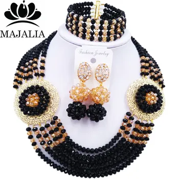 

Majalia Romantic Nigeria Wedding African Beads Jewelry Set Black and Champagne Crystal Necklace Bridal Jewelry Sets 6OP002