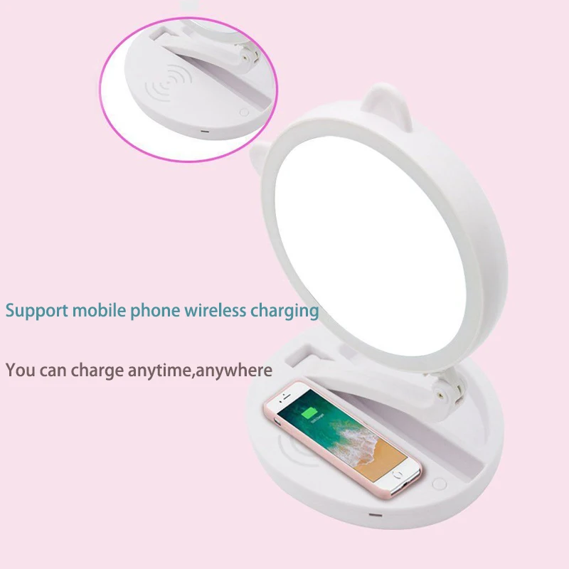 Светодиодный макияж зеркало USB/батарея питание 5X Двухсторонее складное косметическое Беспроводное зарядное устройство для телефона макияж туалетный столик