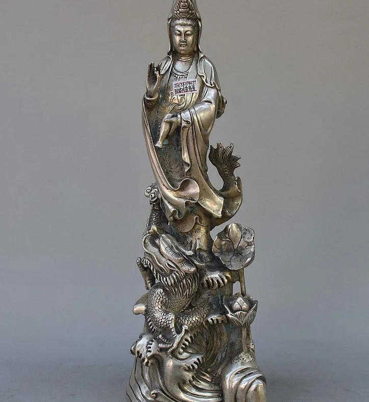 

14 China Buddhism Silver Stand Dragon GuanYin Kwan-yin Bodhisattva Buddha Statue