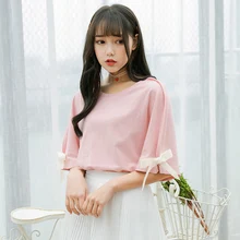 Womens Sweet Lace Up Tshirt Cotton Solid Color O-Neck Half Sleeve Loose T-Shirt Casual Cozy Loose T-Shirts 2019 Korea Style sexy style jewel neck solid color voile splicing half sleeve t shirt for women