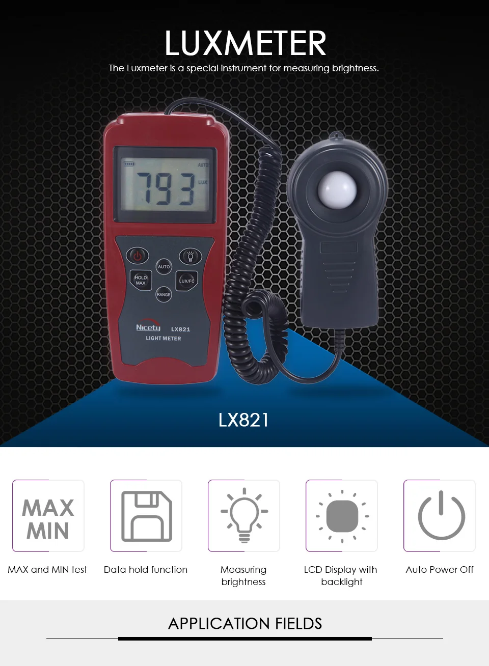 Nicetymeter LX821 Профессиональный отдельный зонд 200000 Люкс Цифровой люксовый измеритель, тестер, максимальное минимальное значение, светильник, фотометр