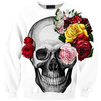 

Hoodies Flower Skull 3D Print White Hoodies Women O-Neck Loose Hoodie Full Sleeves Sweatshirt Pullover Sudaderas Mujer Moletom