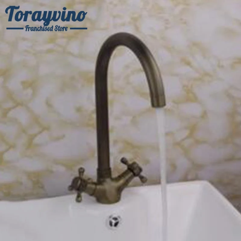 

Torayvino Lurxruy Hot Cold Deck Mount Antique Brass Double Handles Wash Basin Faucet Bathroom Tap Sink Torneira Mixer Faucet