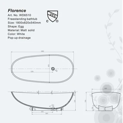 1800X820X540mm Solid Surface Stone Acrylic Bathtub Freestanding Floor Mounted Integrated Corian Tub WD005