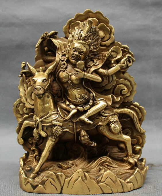 

song voge gem S4537 8" Tibet Brass Buddhism Protect Deity 4 Arms Mahakala Buddha Ride Horse Statue