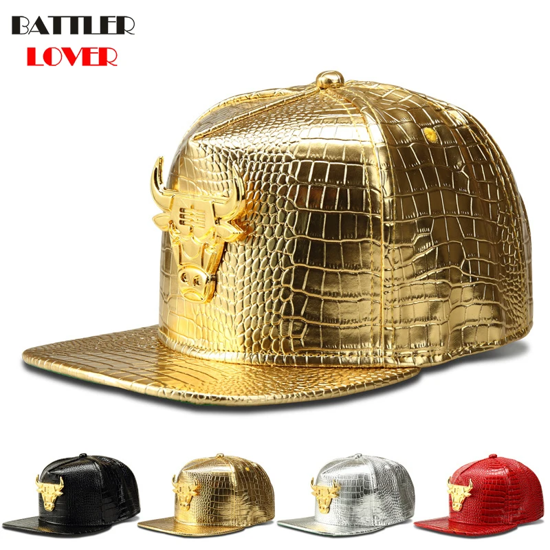 2018 Bull Baseball Cap Men Crocodile Grain Leather Hat Mens DJ Dance Street Dance Hip Hop Snapback Caps Breaking Gorras Hombre