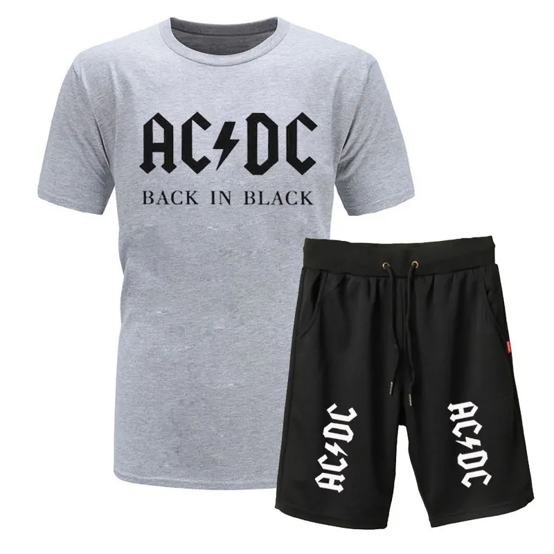 Новая брендовая одежда, AC/DC, Мужская футболка, Swag, футболка, хлопок, Мужская футболка и шорты, Homme, для фитнеса, Camisetas, хип-хоп, футболка, 2 предмета - Цвет: gray black 2