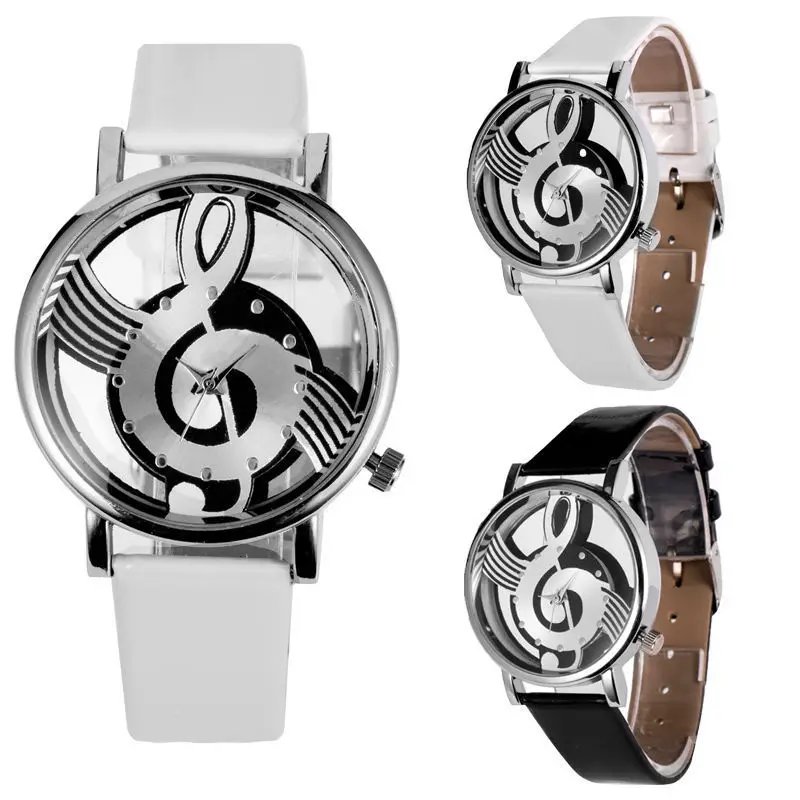 Shellhard Fashion PU Band Stainless Steel Analog Quartz Casual Watch Notation Hollow Music Men Women Wrist Watch Montre Femme