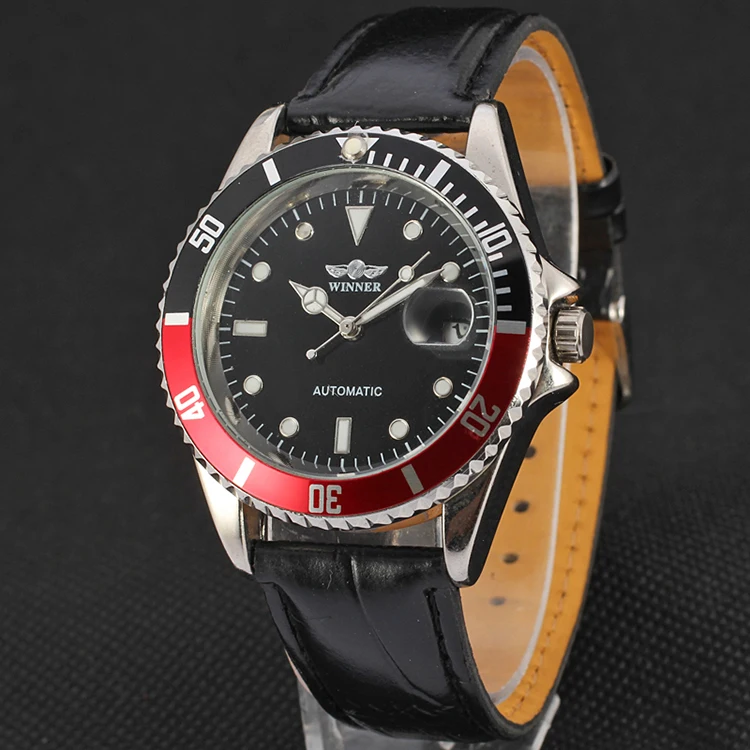 Tanie Zwycięzca unikalny projekt Twotone Bezel klasyczny Auto data mechaniczny własny wiatr zegar moda Casual skórzany zegarek na rękę