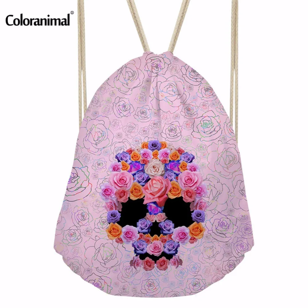 Coloranimal классический Для женщин Drawstring Сумки Sackpack цветок с принтом черепа рюкзак дорожная пляжная сумка Обувь для девочек дамы школы свежий