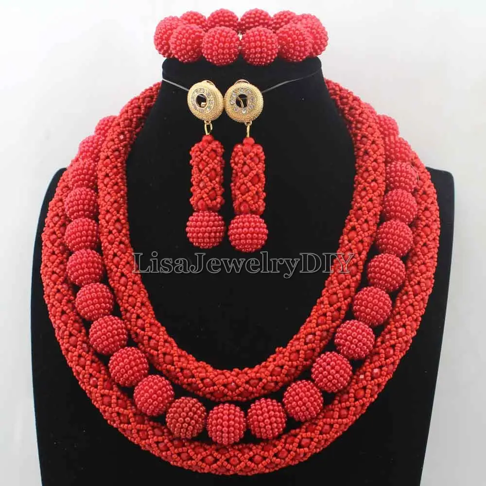 

Latest New Red Crystal Beads African Jewellery Set Women Chritmas Gift Nigerian Party Beads Necklace Sets Free Shipping HD7721