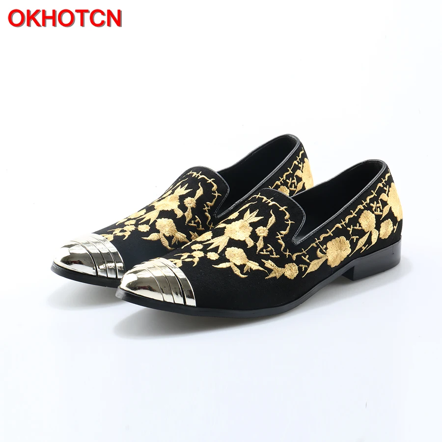 Okhotcn Hot Fashion Man Shoes Slip On Lazy Loafers Gold Floral Designer Man Smoking Slippers