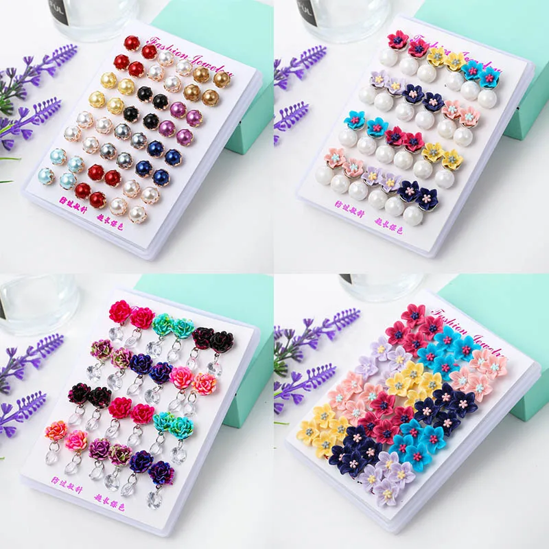 

luxury simulated pearl flower crystal rhinestone wedding party stud earrings set for women piercing earrings bijouteria brincos