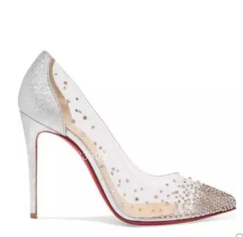 Брендовые женские туфли-лодочки; красные прозрачные свадебные туфли из ПВХ; туфли-лодочки на высоком каблуке с острым носком и кристаллами; красные свадебные туфли из лакированной кожи для вечеринки