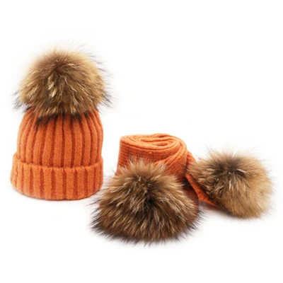 Зимние помпоны вязаные наборы шарф шапка для женщин и детей от 1 до 6 лет Твердые Детские шапочки шапки женские шарфы с мехом енота шарики - Цвет: Orange
