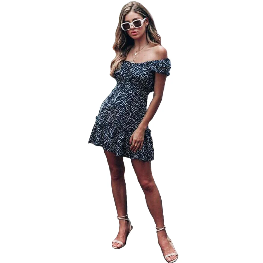 

Women Off Shoulder Boho Polka Dot Mini Dress Evening Party Beach Short Dresses Sundress Summer NEW